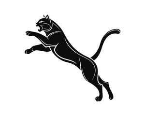 Obraz premium A stylized black panther in mid-air leap, showcasing its powerful build and fierce, predatory stance against a white background
