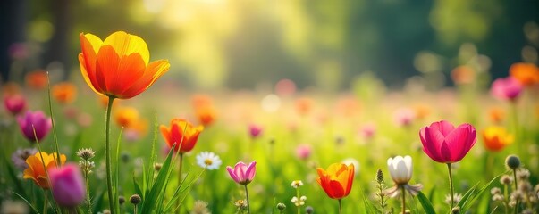Fototapeta premium A vibrant single flower meadow in full bloom, bathed in sunlight Wildflowers of various colors create a stunning natural tapestry Perfect for nature, spring, and summer themes , spring, butterfly