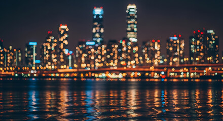 Obraz premium An abstract and blurred view of a metropolitan city skyline at night with vibrant bokeh lights reflecting on the dark water