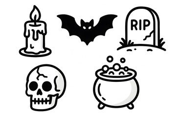 Halloween icons collection bat, skull, cauldron, tombstone and candle
