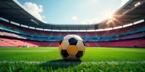 Naklejka premium Ready for Kickoff Vibrant Soccer Ball in Empty Stadium, Anticipation and Scale