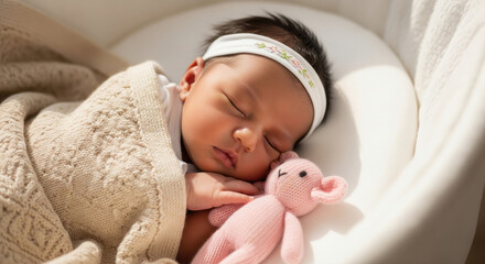 Peaceful newborn baby sleeps soundly with knitted toy in bassinet