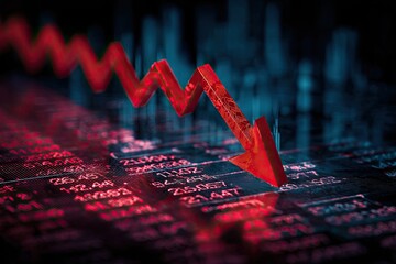 A red, downward-pointing arrow superimposed on a blurred data display, symbolizing decline