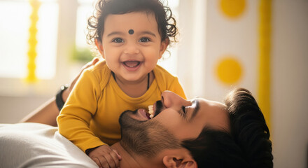 Happy Indian father and baby enjoying playtime together.