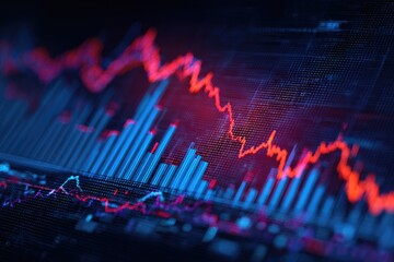Dynamic financial chart illustrates market fluctuations, featuring red and blue data visualization