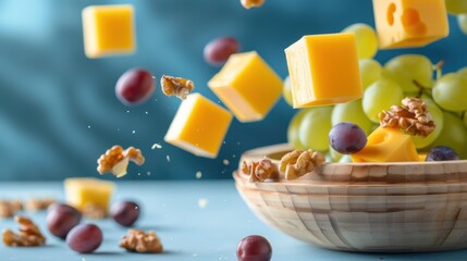 Fototapeta premium Colorful Cheese and Fruit Arrangement with Nuts in a Wooden Bowl on Soft Blue Background