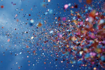 A close-up, dynamic view of confetti in a vibrant array against a blue sky