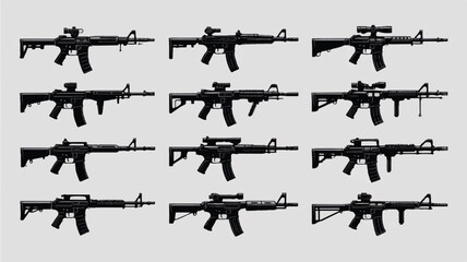 A black and white silhouette illustration of 12 different assault rifles arranged in a 3x4 grid pattern against a white background 
