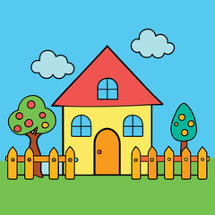 Charming whimsical cartoon house with a white picket fence and a red apple in a lush green yard