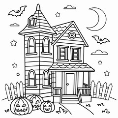A black and white outline illustration of Halloween Coloring Page with Haunted House Pumpkins Ghosts Bats and Stars