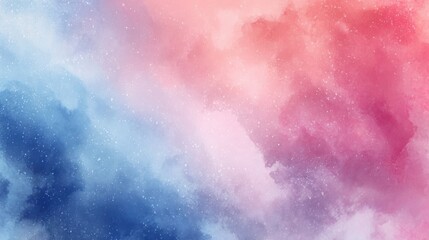 A dreamy abstract background featuring a soft blend of blue and pink watercolor clouds with sparkling white specks resembling a galaxy or cosmic dust