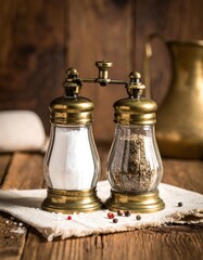 Close-up of a salt and pepper grinder set on a rustic wooden surface