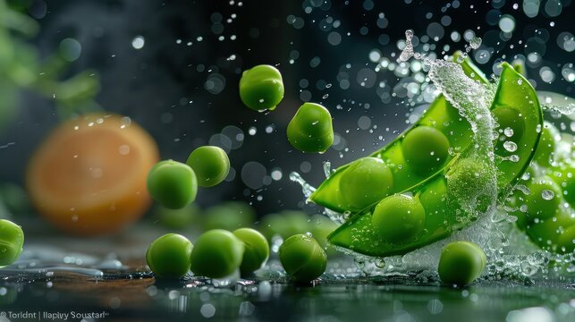 Fresh green peas and pods splashing in water with vibrant droplets and rich background colors for culinary and lifestyle imagery