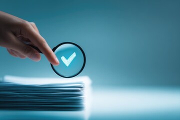 Hand holding magnifying glass over glowing checkmark, atop a stack of paper