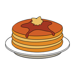 Fluffy golden pancakes stacked high, drizzled with warm, rich maple syrup that glistens as it flows down the sides—sweet, comforting, and perfect for a classic breakfast treat.
