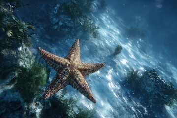A vibrant starfish gracefully floating in the clear, blue ocean, surrounded by aquatic life. The underwater scene is serene, capturing the beauty of marine life