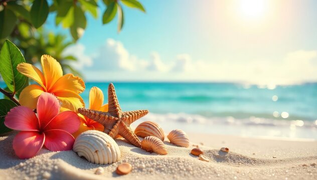 Sun-drenched beach scene with seashells, starfish, and vibrant summer flowers Perfect for relaxation, vacation, and summer themes Ideal for websites, blogs, and social media , coast, sky