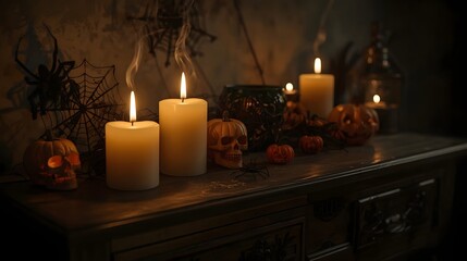 Close-up Halloween candles with spiders, cobwebs, and pumpkins on dark wood dresser, warm eerie glow