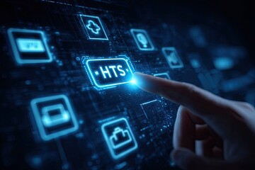 Person's finger selecting a button labeled "HTS" on a digital interface with glowing icons