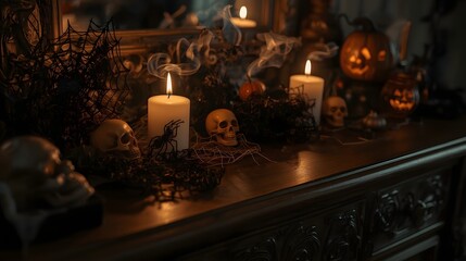 Close-up Halloween candles with spiders, cobwebs, and pumpkins on dark wood dresser, warm eerie glow