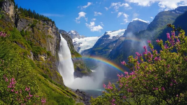 Scenic view of a waterfall with a rainbow and mountains under a bright blue sky on a sunny day mountain range landscape video