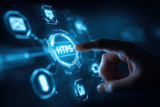 A finger presses a glowing blue button labeled HTTPS on a digital interface