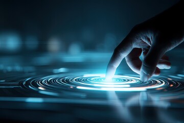 Finger touching glowing interface, suggesting interaction and technological advancement