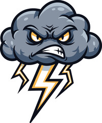 Furious cartoon storm cloud character with an angry face and lightning bolts, representing power and rage as a vector mascot