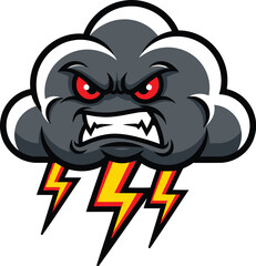 Angry storm cloud with lightning bolts and fierce red eyes, representing a powerful and menacing weather phenomenon