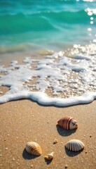 Sun-drenched sand, turquoise waves lapping the shore, seashells scattered along the tideline Perfect summer beach scene, ideal for travel and vacation themes , holiday, travel, picturesque