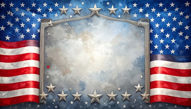 Patriotic design with flag details framing a central clouded space - Powered by Adobe