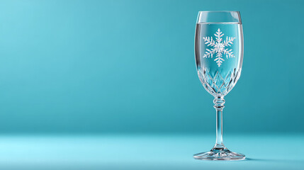 Crystal champagne glass with snowflake design on pastel blue background  