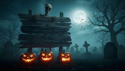 A spooky skeleton peers over a blank wooden sign in a misty graveyard with glowing jack-o'-lanterns under a full moon for a festive Halloween night.