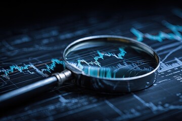 Close-up of a magnifying glass revealing a financial market chart with lines and data