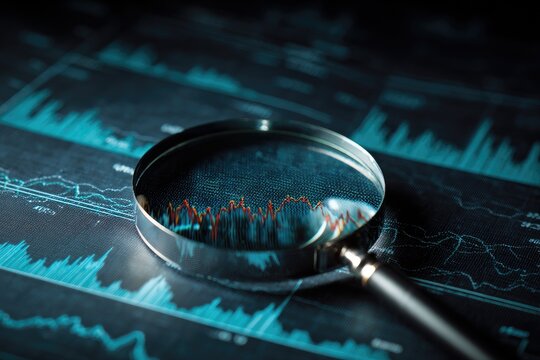 A close-up view of a magnifying glass focusing on fluctuating red and blue data graphs