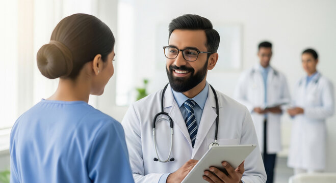 Smiling male doctor interacts with female nurse in hospital