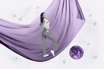 Banner 3d poster art collage of happy girl guy stand space galaxy moon planet cosmos discovery...