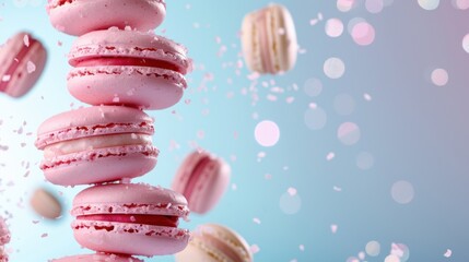 Colorful Macarons on a Light Blue Background with Bokeh Effect and Sprinkles Falling