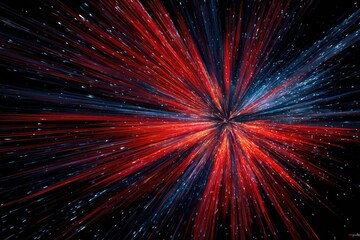 A burst of red and blue lines radiating from a central point on a black background