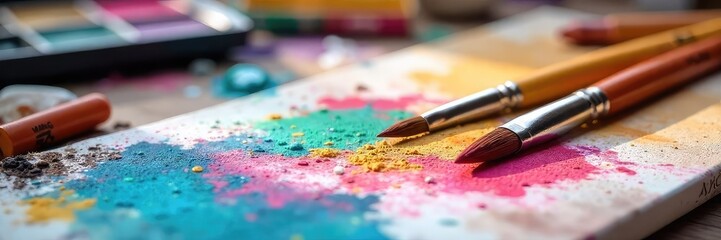 Fototapeta premium Two paintbrushes resting on a canvas, amidst scattered art supplies, suggest a lively artistic dialogue; colors swirl subtly in the background , background, color palette, imagination