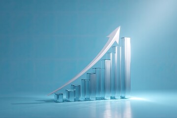Transparent bar graph with ascending white arrow on a light blue backdrop, suggesting growth and progress