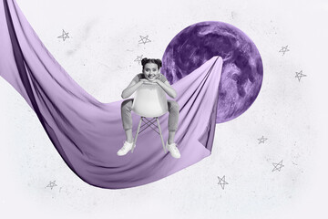 Banner 3d poster art collage of happy girl guy stand space galaxy moon planet cosmos discovery...