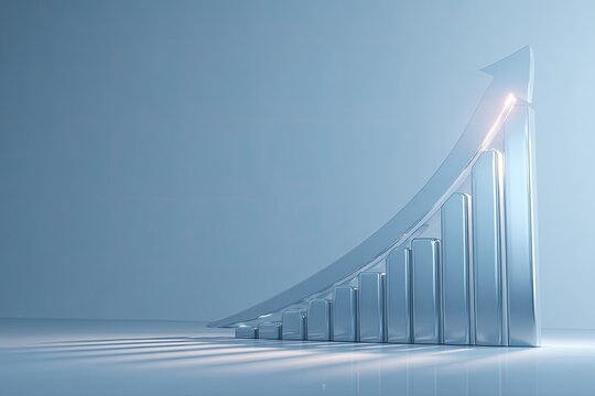3D render of a bar graph, bars rising, with an upward-pointing arrow overlay