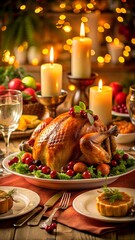 holiday dinner table with candles and roasted 