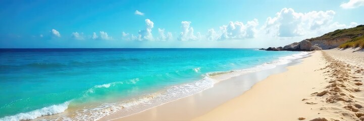 Fototapeta premium Vast expanse of deep blue ocean meeting a serene, sandy shoreline under a bright sky Perfect for travel, nature, and environmental themes , landscape, summer