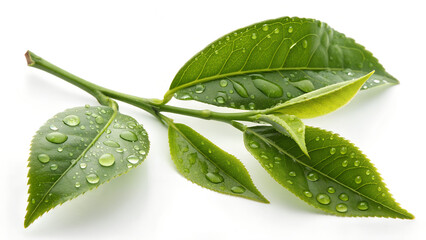 green tea leaf branch with dewdrops macro shot