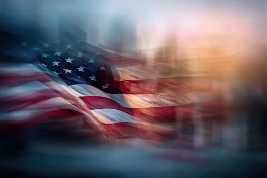 Abstract, blurred depiction of the American flag with a stylized cityscape background