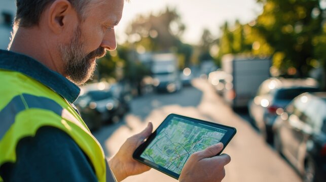 Medium shot of a logistics operator analyzing AIgenerated route maps displayed on a tablet with suburban streets and parked cars softly blurred in the background focusing on