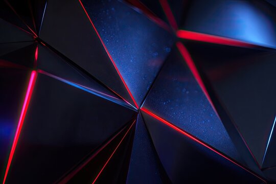 Abstract geometric composition of sharp, dark planes with red and blue neon lighting