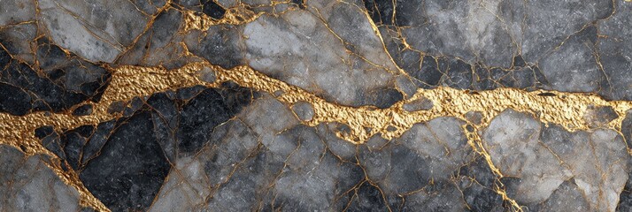 Abstract depiction of gray and white mineral formation with golden metallic vein-like accents
